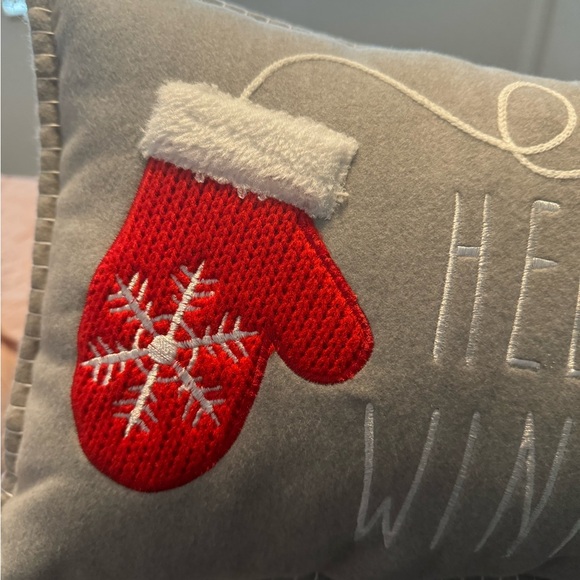 NWOT “Hello Winter” grey throw pillow with red mitten accents - Picture 5 of 7